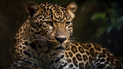Close up portrait from side face ferocious carnivore leopard, stare or looking straight forward at nature background. Generative AI technology.