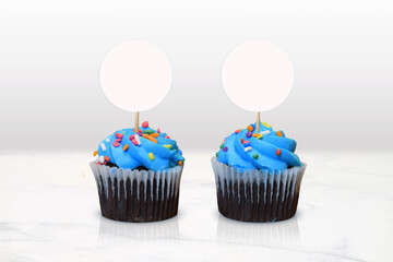 Cupcake Topper Mockup - Blue Cupcakes in Minimalist White Kitchen Scene