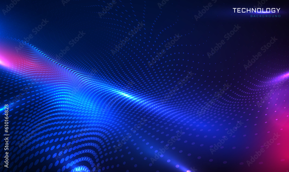 Poster abstract wave with moving particles on dark background. futuristic technology wave. digital cyberspa