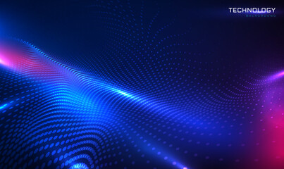 Abstract wave with moving particles on dark background. Futuristic technology wave. Digital cyberspace, hi-tech and big data. Future mesh or sound grid. Pattern point visualization. Technology vector.