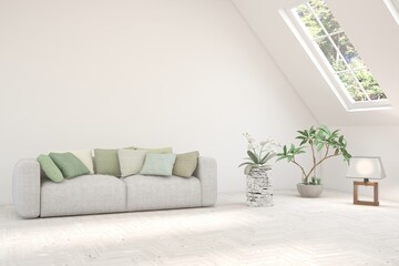 White living room with sofa. Scandinavian interior design. 3D illustration