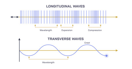 Types of sound waves vector illustration. Longitudinal waves, and transverse waves. Sound properties. Crest length and wave length. Compression and pitch detection. 