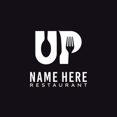 Top restaurant logo. initials U P with spoon, fork and knife negative space