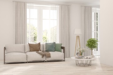 Bright interior design with modern furniture and summer landscape in window. 3D illustration