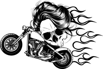 Fototapeta na wymiar vector monochromatic illustration Motorcycle with woman skull and flames on white background