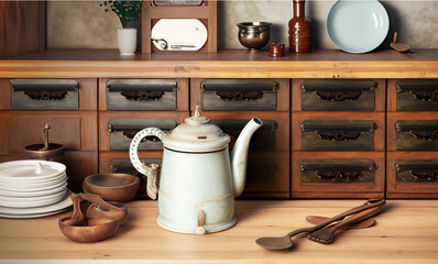kitchen utensils, Various kitchen utensils, and wooden table countertop, vintage drawers