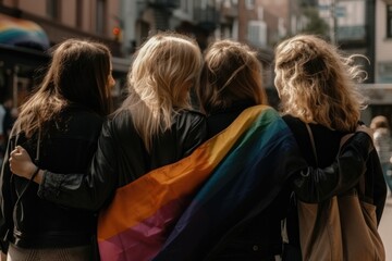 Group of lesbians holding lgbtq flag. Generative ai