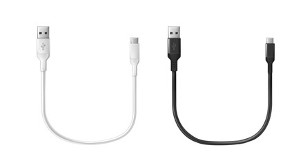 3d realistic vector icon. Black and white charging usb cabel. Isolated on white. - obrazy, fototapety, plakaty