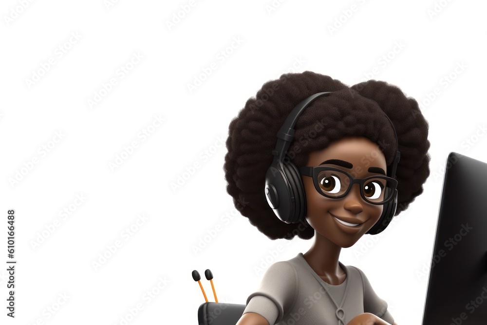 Poster black woman software developer white backdrop isolated smiling with copyspace generative ai