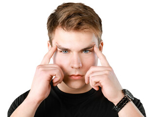 Man hands on his head a problem with the inner ear, brain