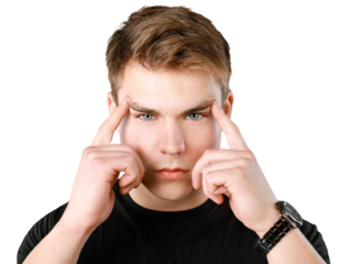 Man hands on his head a problem with the inner ear, brain