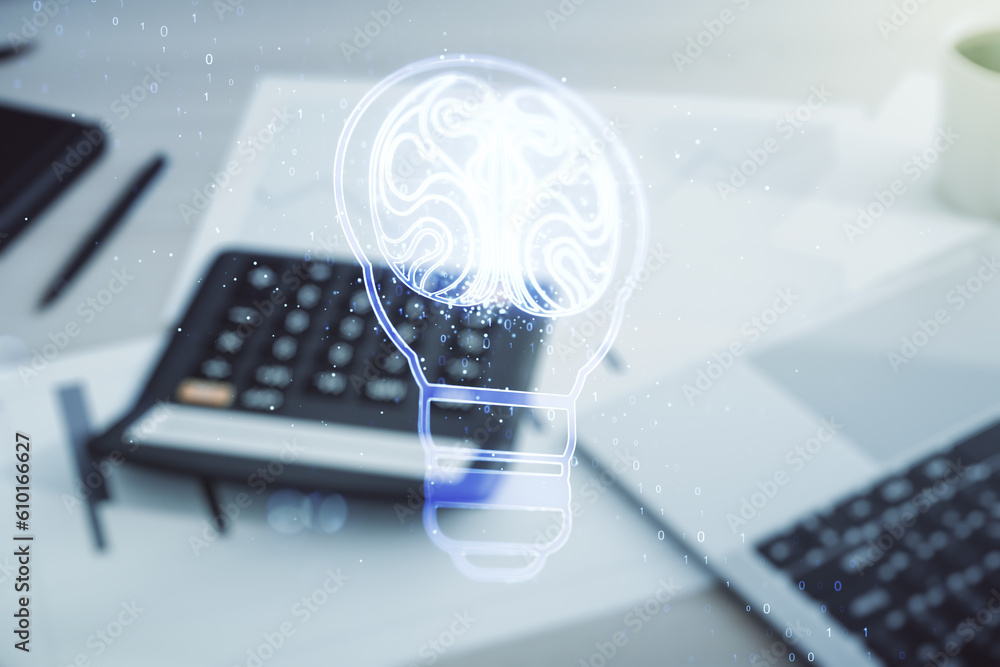 Poster abstract virtual creative light bulb with human brain hologram on calculator and pc background, arti