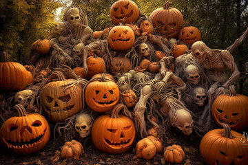 Halloween holiday themed images with lots of creepy pumpkins!  Generative AI.