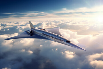 Fototapeta na wymiar Illustration of a supersonic passenger jet. Generative AI. 