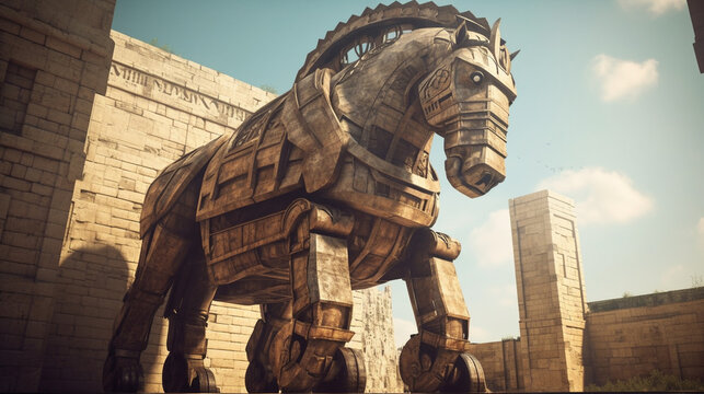 Illustration of the Trojan Horse outside the gates of Troy.  Generative AI. 