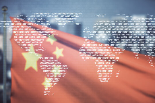 Abstract creative world map interface on flag of China and blurry cityscape background, international trading concept. Multiexposure - Powered by Adobe