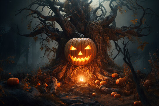 Halloween holiday themed images with lots of creepy pumpkins!  Generative AI.