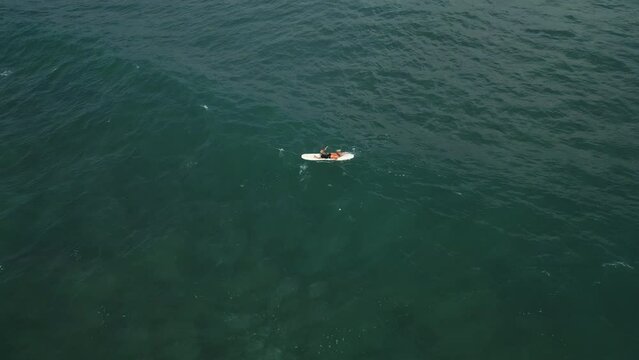 Young female surfer rowing on surfboard at scenic tropical location in sea on sunny day aerial shot. Surfing girl enjoying water sport paddling and surfing on summer vacation view from drone