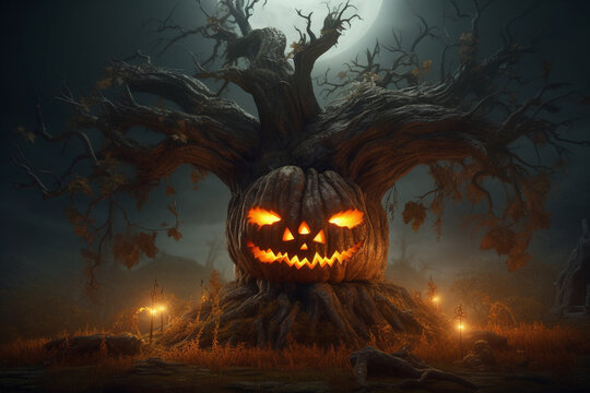 Halloween holiday themed images with lots of creepy pumpkins!  Generative AI.
