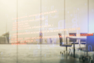 Abstract virtual coding concept on a modern conference room background. Multiexposure