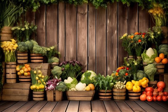 Wooden background with a veggie garden theme. Generative AI.