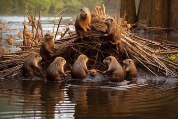 Colony of beavers building a dam. Generative AI. - obrazy, fototapety, plakaty