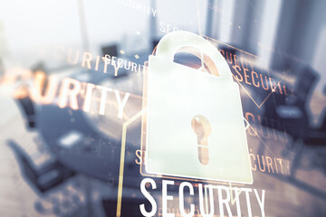 Virtual creative lock illustration with microcircuit on a modern coworking room background, cyber security concept. Multiexposure