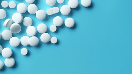 White medicine tablets antibiotic pills on soft blue background. Generative AI.