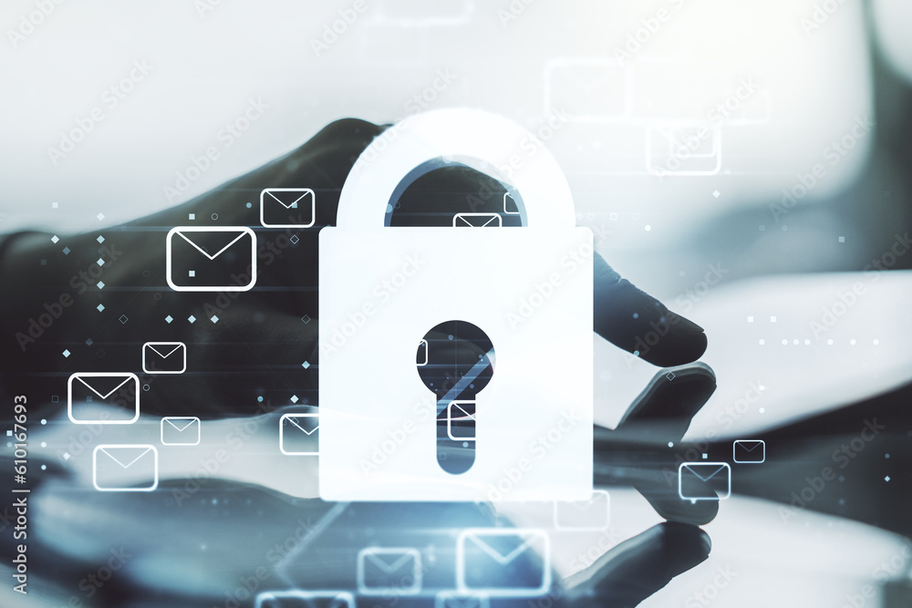 Poster creative lock sketch with email symbols hologram and hand working with a digital tablet on backgroun