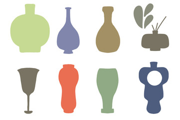 hand drawn collection of vintage pots, flat design, abstract shape