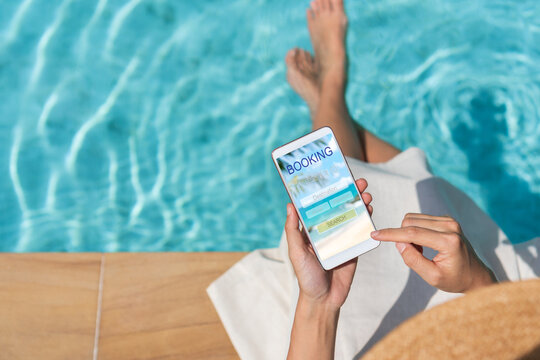 Woman search ticket reservation for holiday. Girl using travel application for flight tickets and hotel room online booking. Online travel agency hotel flight ticket book, trip planning concept.
