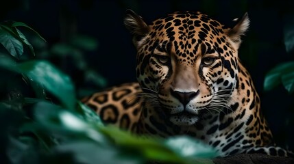 Obraz premium Ferocious carnivore leopard sit and relaxed and stare at something with nature background. Generative AI technology.