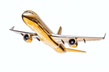 Gold airplane soaring high in the sky. Generative AI.