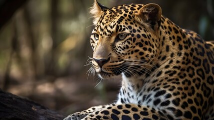 Ferocious carnivore leopard sit and relaxed and stare at something with nature background. Generative AI technology.