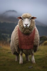 Sheep wearing a cozy knitted wool sweater. Generative AI.
