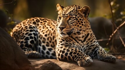 Ferocious carnivore leopard sit and relaxed and stare at something with nature background. Generative AI technology.