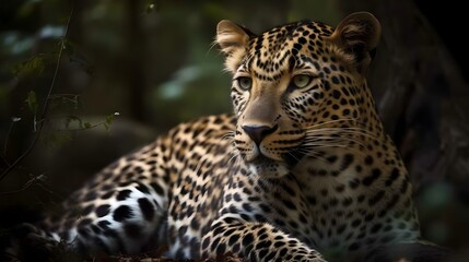 Fototapeta na wymiar Ferocious carnivore leopard sit and relaxed and stare at something with nature background. Generative AI technology.