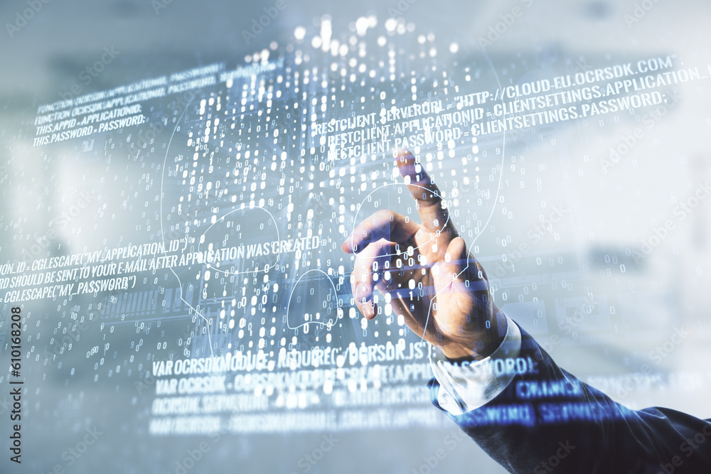 Poster Man hand working with abstract virtual code skull illustration on blurred office background. Hacking and phishing concept. Multiexposure