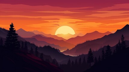 A vector drawing of a landscape with mountains in a sunset. Generative AI.