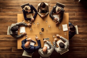 A group of executives seated around a conference table, engaged in deep discussion and strategizing for the future. Top view. Generative AI.