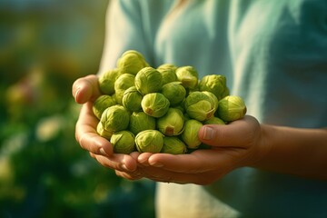 A farmer woman holding Brussels sprouts in his hand. Generative AI.