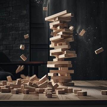 A jenga tower falling down. Generative AI.