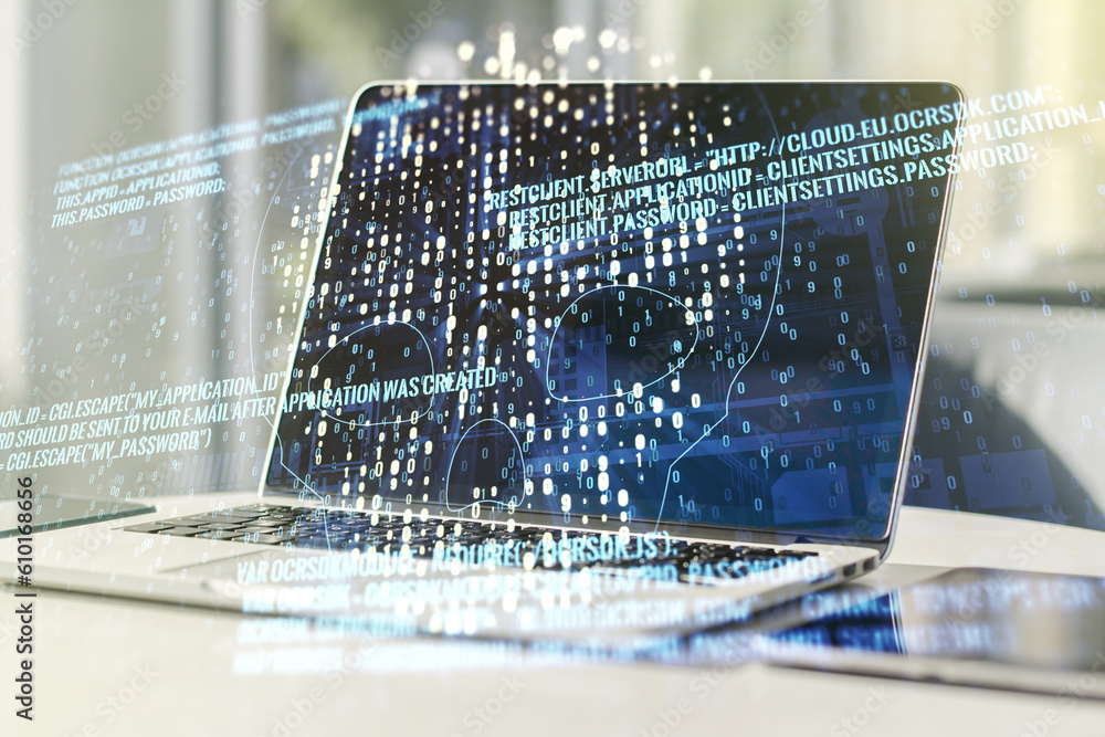 Poster double exposure of creative code skull hologram on laptop background. malware and cyber crime concep