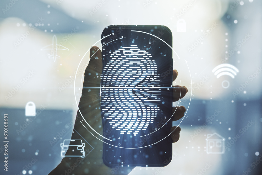Poster multi exposure of creative fingerprint hologram and hand with cell phone on background, personal bio