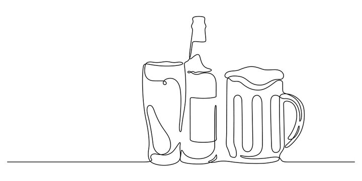 set of beer,beer bottle,beer mug, beer glass in one line drawing