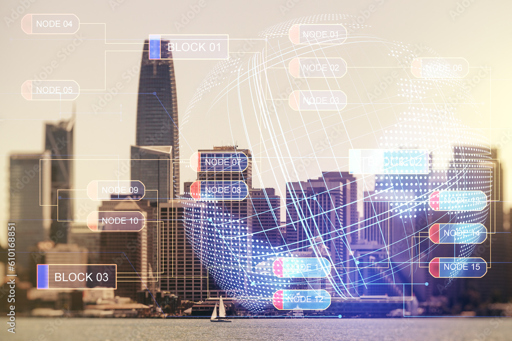 Poster multi exposure of abstract programming language hologram and world map on san francisco office build