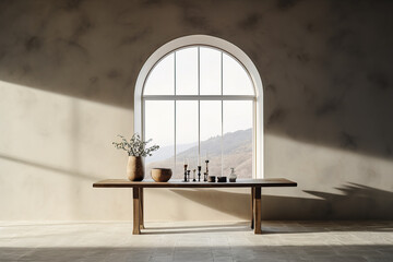 Oak table with four legs, in a minimalistic composition. Minimalist interior decoration concept. Generative AI