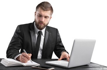 Portrait of handsome young man programmer with laptop