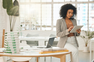 Architecture, tablet and search with woman in office for engineering, internet and buildings. Digital, construction and creative with female designer for project management, website and technology