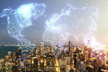 Double exposure of abstract digital world map hologram on Chicago office buildings background, big data and blockchain concept
